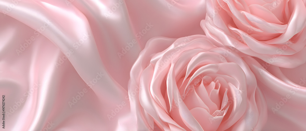 Fototapeta premium Light soft pale pastel pink roses on draped silk satin fabric background, romantic banner for website, fashion, advertisement, and print projects.