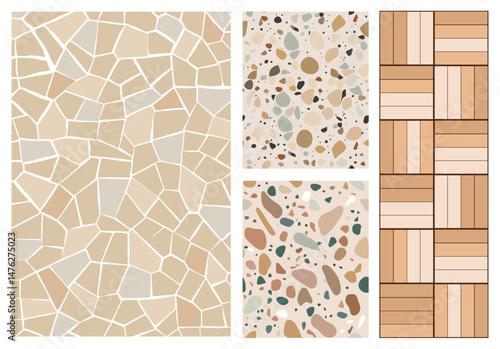 Set of garden path vector illustrations with different textures, wood panels, stones, terrazzo mosaic. Top view design elements for landscape, outdoor decor, isolated on transparent background