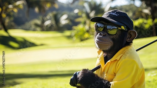 Chimpanzee Golfer Relaxing After A Round.