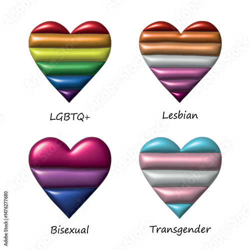 Set of colorful 3d LGBTQ+ pride flag heart shape Gender equality and sexual identity pride flags collection LGBTQIA community pride month