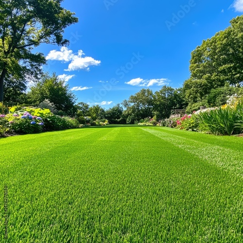Lush green lawn stretches to vibrant flowerbeds under a bright blue sky