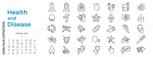 Medical themed vector line icon set. Sickness, illness, disease, clinical equipment and staff. Intended for school projects, health visuals, informative design.Editable stroke.