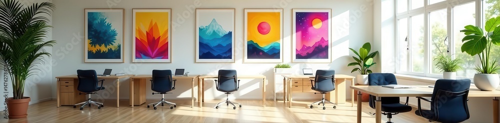 Fototapeta premium Bright open-plan office, framed artwork adds color, contemporary, clean