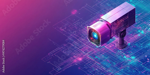 Isometric view of a security camera against a futuristic background with glowing purple and blue network lines. For digital surveillance or tech security themes.