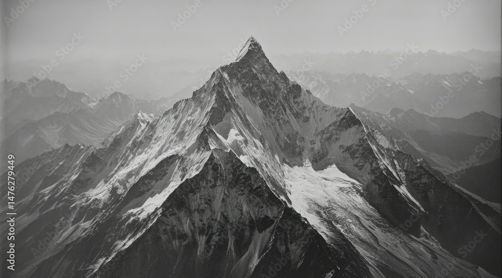 Obraz premium Majestic snow-capped peak dominates a vast, misty mountain range