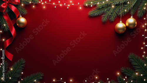 Elegant classic red holiday background with golden decorations, pine branches, festive ribbons, and glowing light garland framing the edges. 