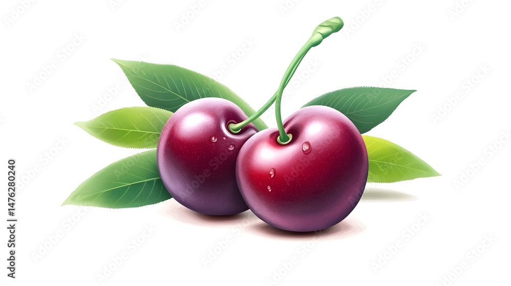 Obraz premium Close-up illustration of two ripe cherries with leaves.