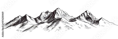 Hand-drawn black ink sketch of mountain range panorama with detailed peaks and ridges minimalist vector outline landscape illustration for travel and outdoor adventure design