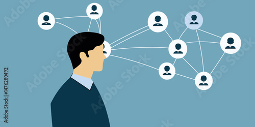 Businessman communication network with connected user icons and social media concept in flat minimalist vector style illustration
