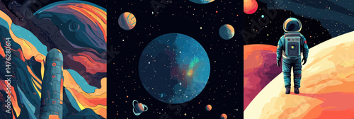 Futuristic space exploration scene with astronaut on planet surface, colorful rocket launch, and vibrant galaxy with planets and stars vector illustration