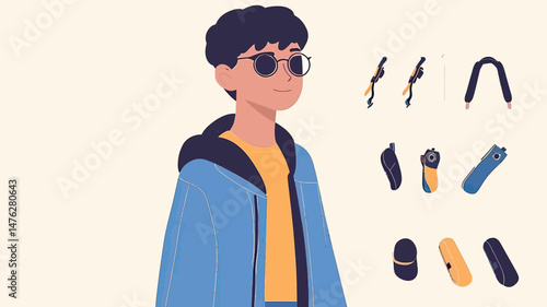 Young boy wearing sunglasses blue jacket smiling standing next to floating assorted electric hair clippers and trimmers in modern flat vector style illustration