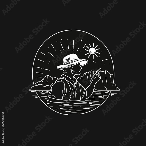 Vintage line art illustration of adventurer with hat pointing at mountains near water under sun in minimalist circular frame black background