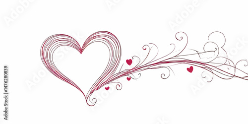 Hand drawn heart shape with swirling love vines and small hearts vector illustration in minimalist line art style for romantic design and wedding decor