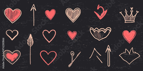 Hand drawn red and beige heart shapes, arrows, crown, and decorative scribble elements chalkboard style vector set for love and romance design themes