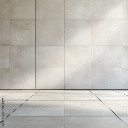 Light illuminates a tiled floor and wall, creating a clean, minimalist aesthetic