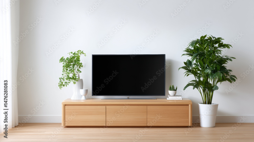 Fototapeta premium Modern wooden TV cabinet with flat screen television, green indoor plants, and minimalist decor in bright living room, creating calm and inviting atmosphere