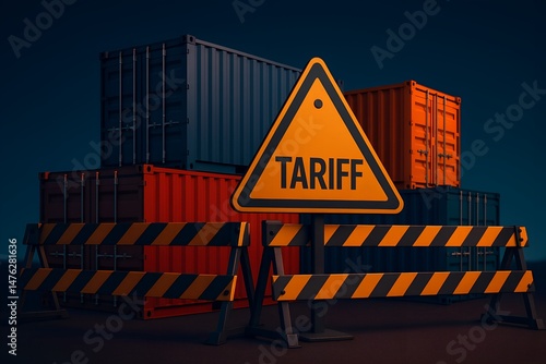 Tariff Warning Sign with Shipping Containers