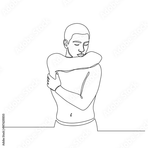Person embracing themselves in a minimalist style  