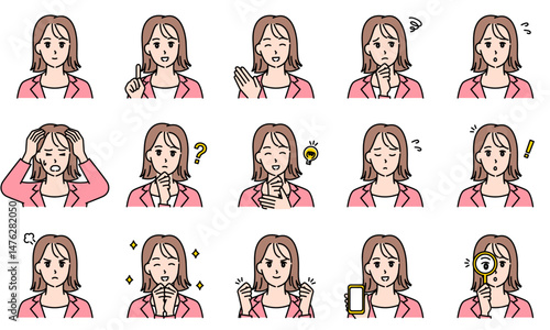表情とポーズで感情を表すビジネススーツを着用した女性のイラストセット