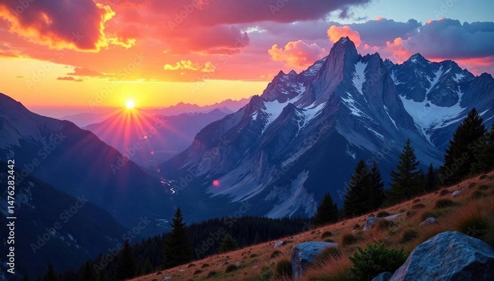 Obraz premium Breathtaking panoramic view of a majestic mountain range at sunset, showcasing vibrant colors and stunning natural beauty , horizon, clouds, scenic