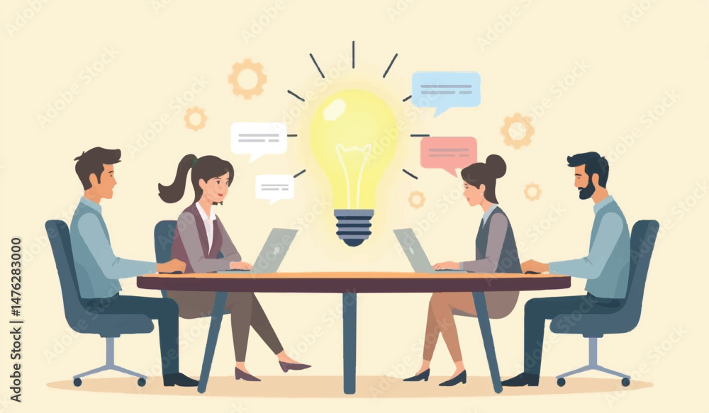 Flat style vector illustration of a diverse business team gathered around a desk, actively engaged in a brainstorming session. Isolated on a light background. Flat style vector illustration of a diverse business team gathered around a desk, actively engaged in a brainstorming session. Isolated on a light background.