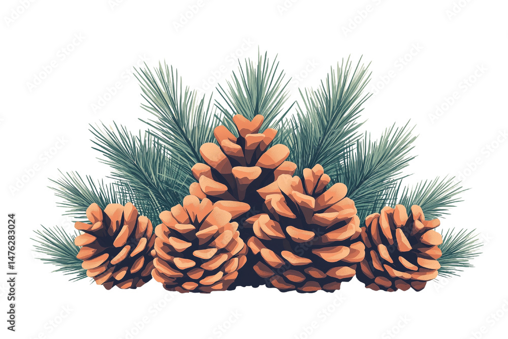 Fototapeta premium Collection of pine cones with evergreen needles, stylized illustration, transparent background.