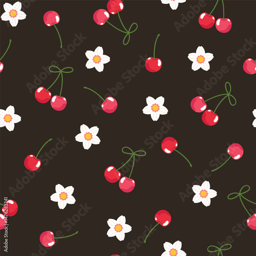 Juicy summer vector background with cherries and flowers. Cherry berry seamless pattern. Bright yummy wallpaper. Fruity sweet food illustration allover repeat print.