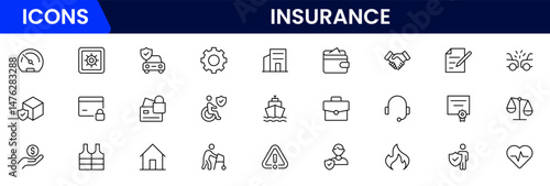 Insurance and assurance icon set. Containing healthcare medical, life, car, home, travel insurance icons.
