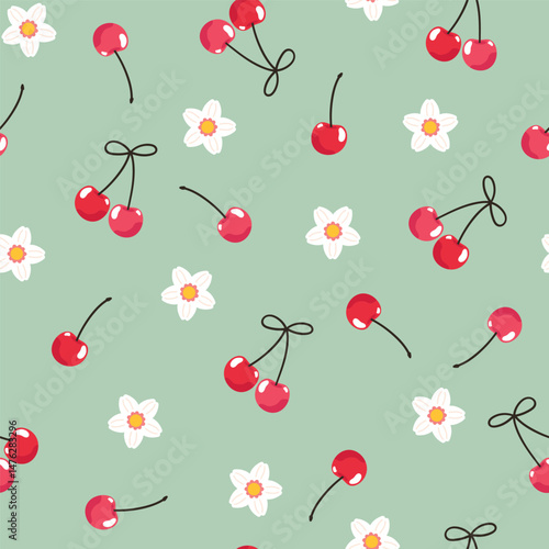 Juicy summer vector background with cherries and flowers. Cherry berry seamless pattern. Bright yummy wallpaper. Fruity sweet food illustration allover repeat print.
