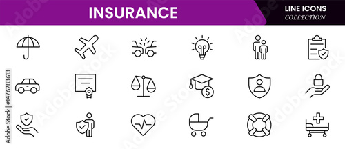 Insurance and assurance icon set. Containing healthcare medical, life, car, home, travel insurance icons.