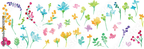 水彩画。水彩タッチのカラフルな春の花びらフレーム。色鮮やかな花のベクターイラスト。Watercolor. Colorful spring petals frame with watercolor touch. Vector illustration of colorful flowers.