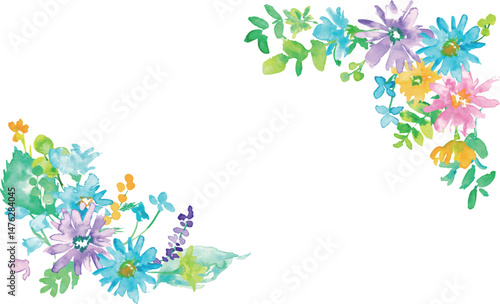 水彩画。水彩タッチのカラフルな春の花びらフレーム。色鮮やかな花のベクターイラスト。Watercolor. Colorful spring petals frame with watercolor touch. Vector illustration of colorful flowers.