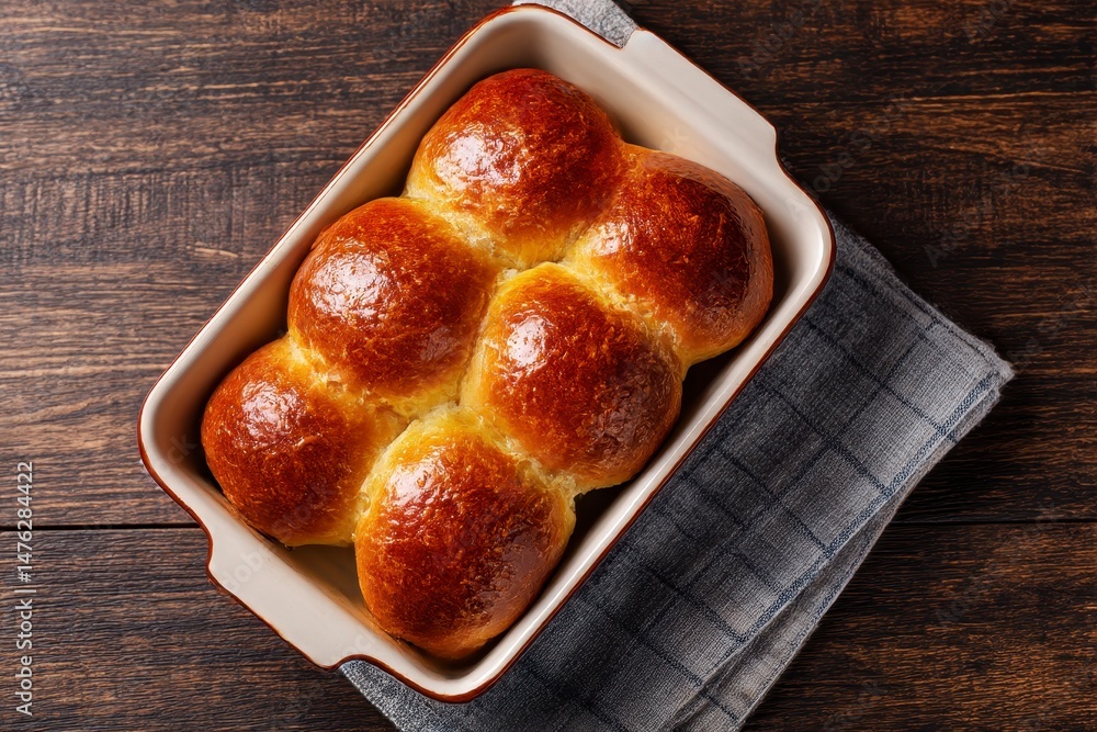 Fresh tasty buns in baking dish on table