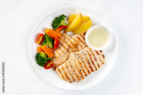 Canvas Print Healthy food, high protein, low fat, grilled chicken breast and broccoli, lettuc