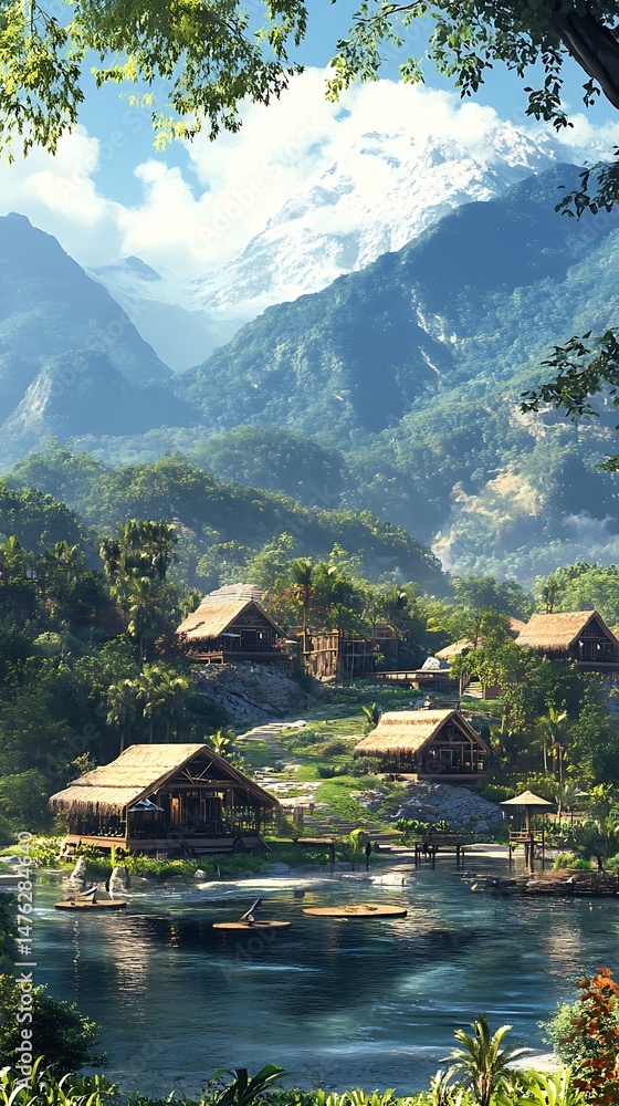 Fototapeta premium Mountain village by water with lush greenery and blue sky