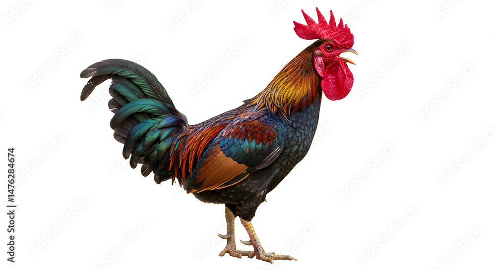 Fototapeta premium Majestic Rooster with Vibrant Plumage Against White Background