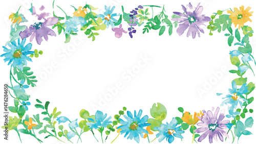 水彩画。水彩タッチのカラフルな春の花びらフレーム。色鮮やかな花のベクターイラスト。Watercolor. Colorful spring petals frame with watercolor touch. Vector illustration of colorful flowers.