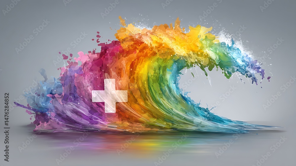 Obraz premium Rainbow Wave Crashing Swiss Cross with vibrant colors.