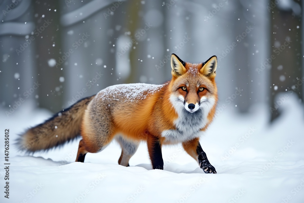 Fototapeta premium Winter fox strides through snowy forest