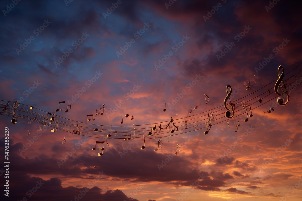 Musical symbols in beautiful sunset sky with clouds
