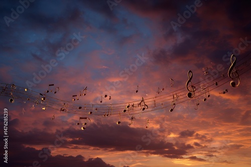 Obraz na płótnie Musical symbols in beautiful sunset sky with clouds w salonie