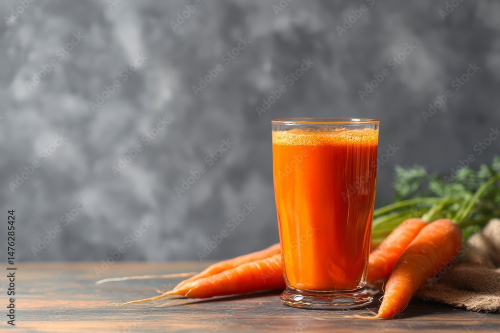 Fresh carrot juice in glass on wooden table against gray background