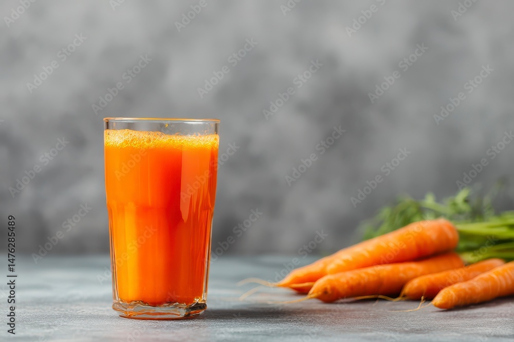 Fresh carrot juice in glass on wooden table against gray background
