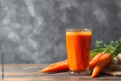 Obraz na płótnie Fresh carrot juice in glass on wooden table against gray background w salonie