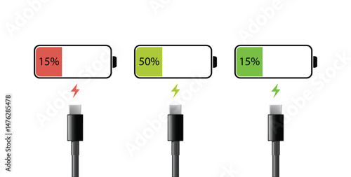 Battery charging indicator icons with USB-C cable showing 15 percent low, 50 percent medium, and 15 percent green battery levels, isolated on white background for power and energy visuals

