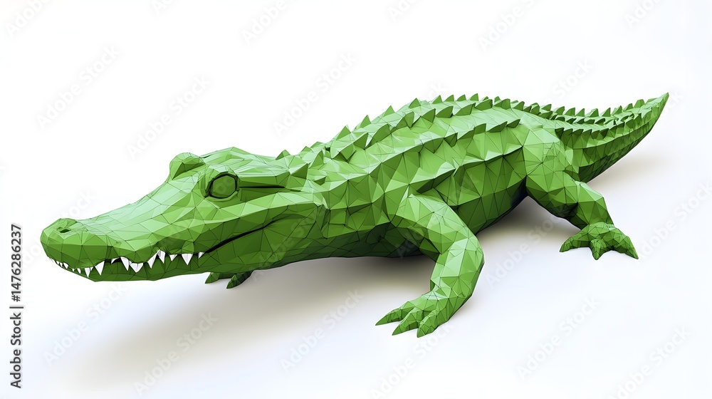 Fototapeta premium Low-poly crocodile rendered in vibrant green tones.