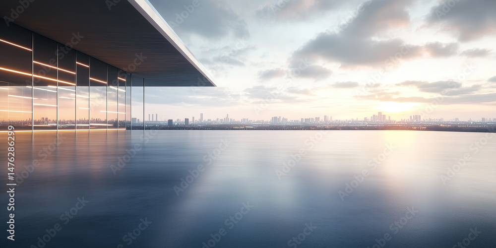 Fototapeta premium Concrete floor or slab, empty space or area at outdoor. Include modern building exterior of showroom, shop or store. Background design with sky, urban city for display auto car, automobile, automotive