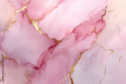 Abstract dusty blush liquid watercolor background with golden cracks and stains. Pastel pink marble alcohol ink drawing effect. Vector illustration design template for wedding invitation. High quality