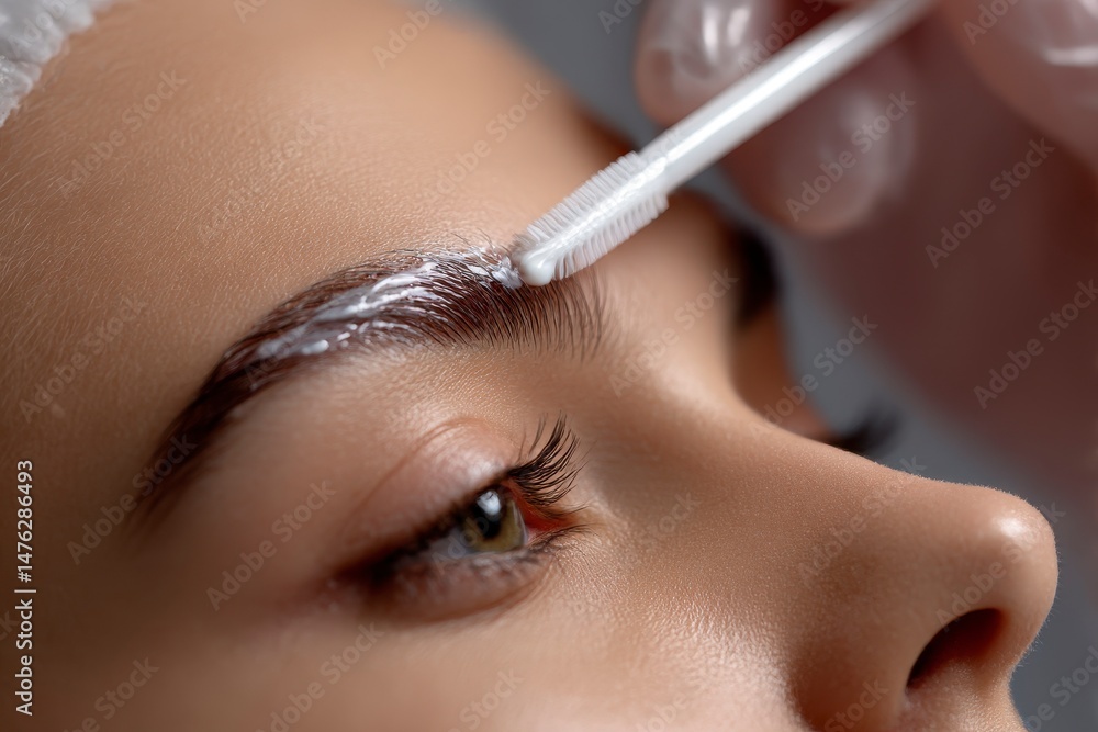 Brow lamination. Cosmetologist applying cream onto woman's eyebrows against grey background