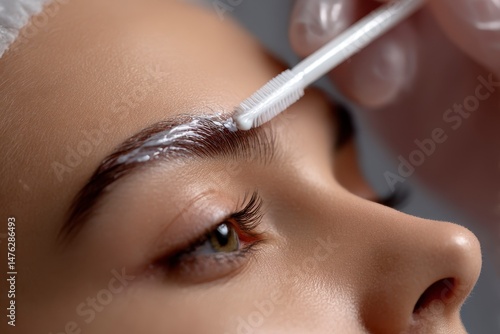 Obraz na płótnie Brow lamination. Cosmetologist applying cream onto woman's eyebrows against grey background w salonie